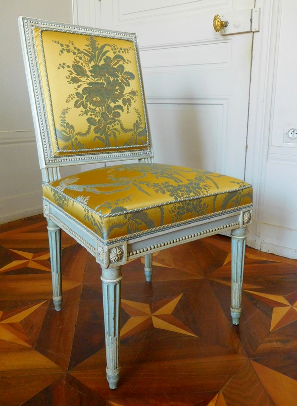 Pluvinet : mobilier de salon 4 pièces d'époque Louis XVI, damas de soie jaune - estampillé